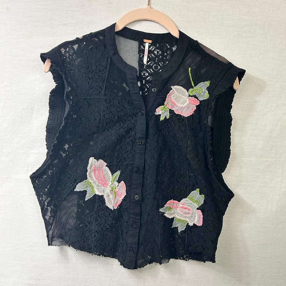 Free People Rose Garden Embroidered Lace Top in Black - Picture 2 of 6